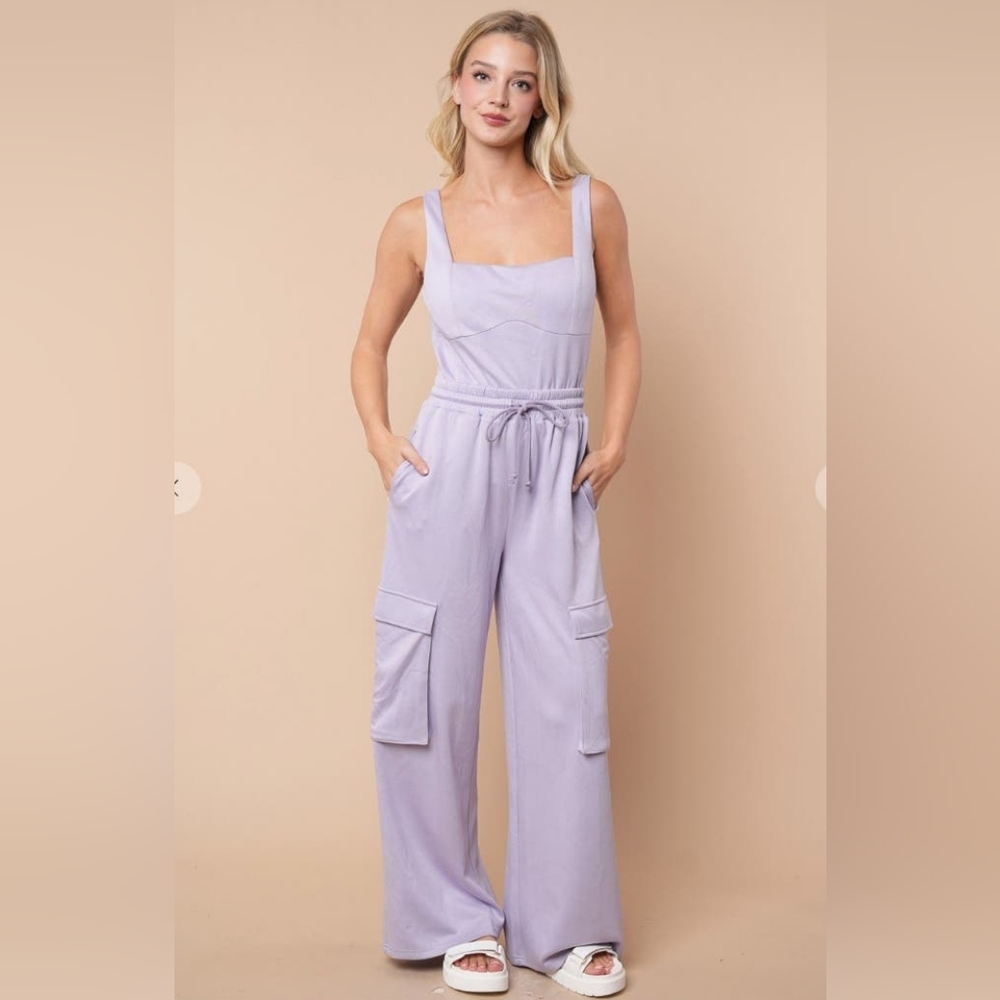 2-0406 White Birch Wide Leg Scuba Knit Lavender Jumpsuit Jumpsuit Waist
